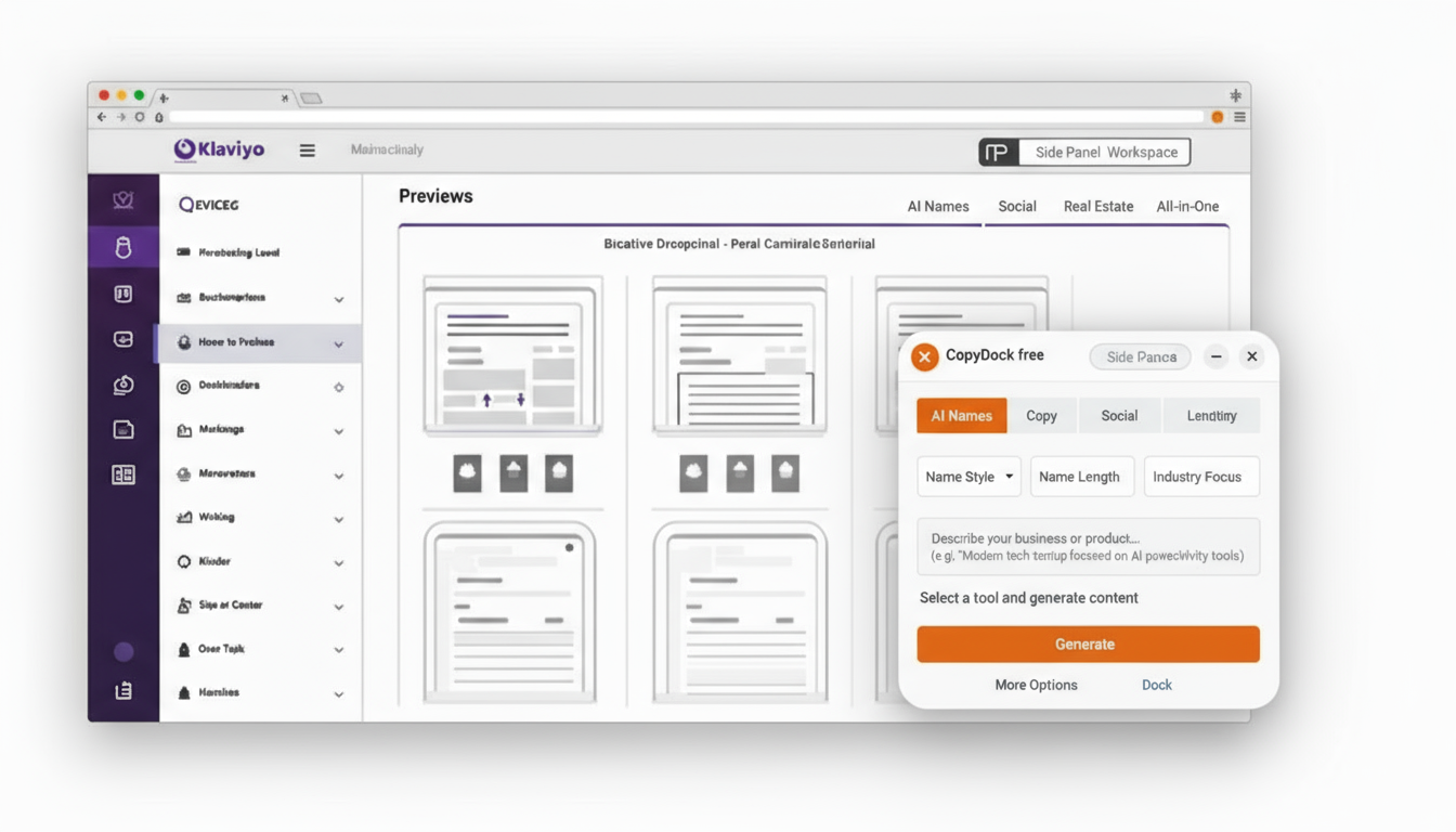 CopyDock side panel in Klaviyo workspace showing email subject lines, flows, and CTA text generation